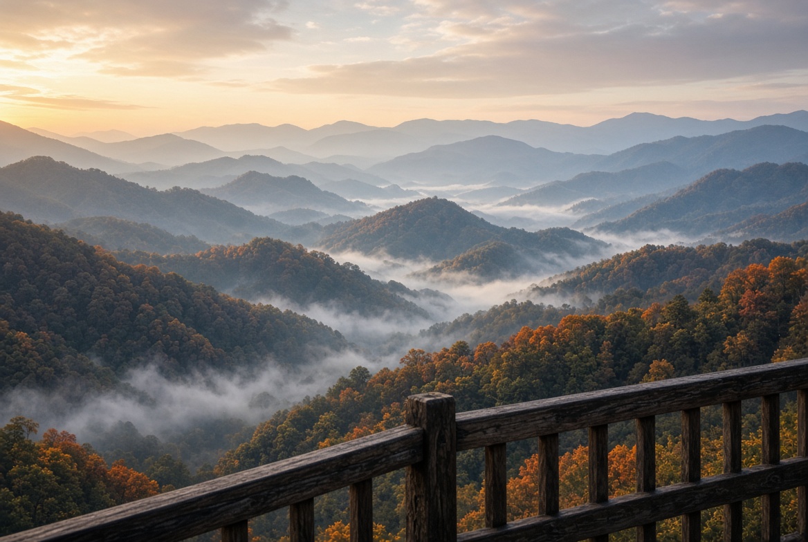 Fog in the folds of the Great Smoky Mountains at sunrise.