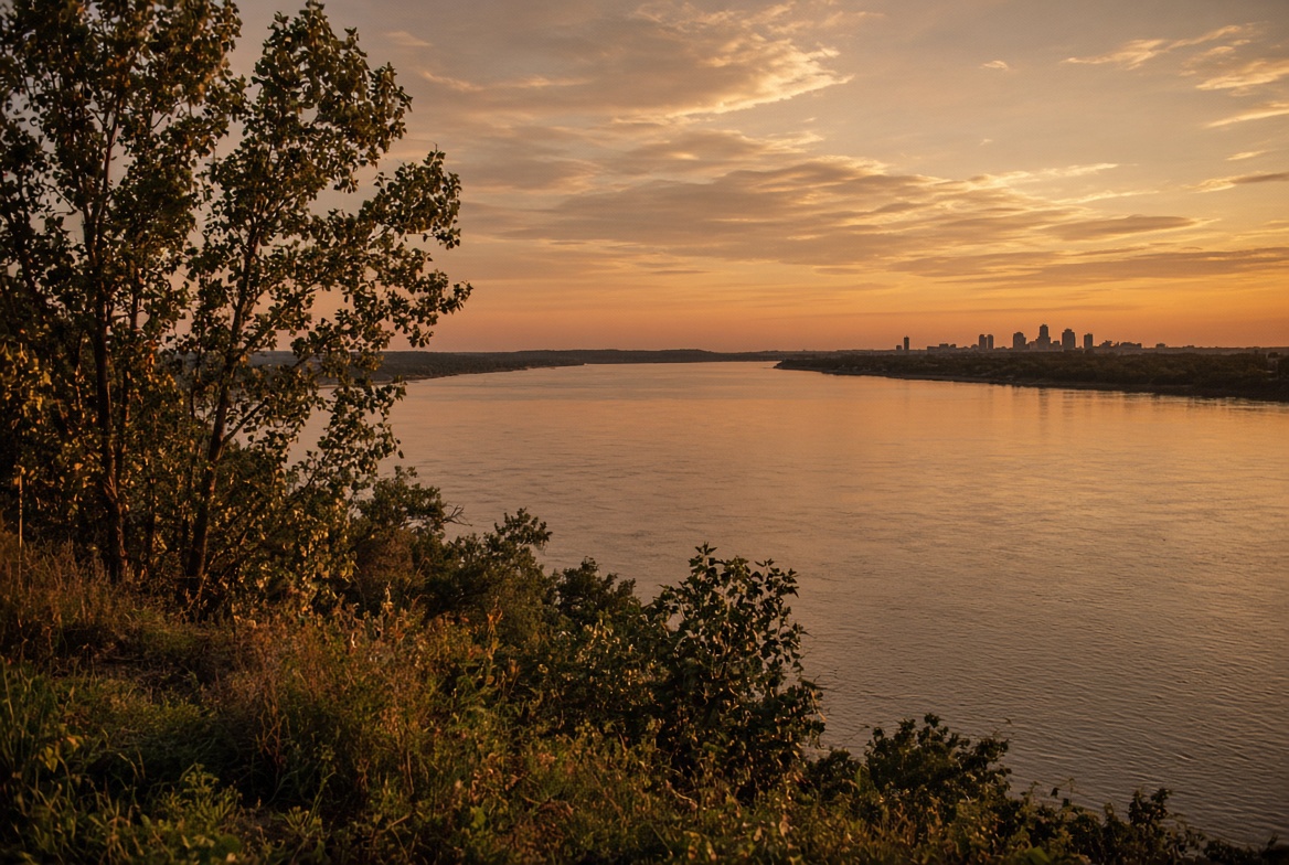 The Mississippi River at sunset, seen from a wooded bluff.